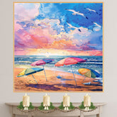 Watercolor Painting of Colorful Beach Umbrellas and Seagulls at Sunset on Ready to Hang 1.5" Thick Canvas Wrap, Floating Framed Canvas, Flat Rolled Canvas
